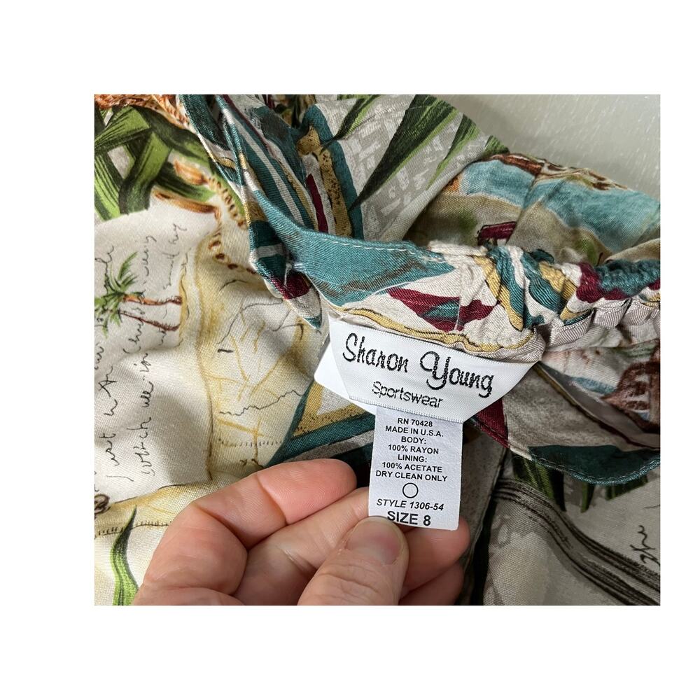 90's Sharon Young Tropical Print Boho Faux Wrap Skirt w/ Pocketwatch Design - Picture 9 of 10